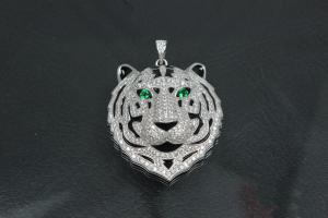 aLEm Anhänger Tiger des Dschungels mit weißen und grünen smaragdfarbenen Zirkonia 925/- Silber rhodiniert,