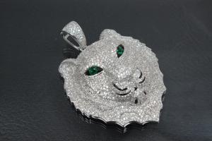 aLEm Pendant Lion King of the Steppe 925/- Silver rhodium plated with white and green emerald Zirconia,