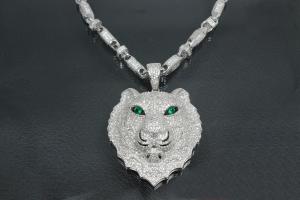 aLEm Pendant Lion King of the Steppe 925/- Silver rhodium plated with white and green emerald Zirconia,