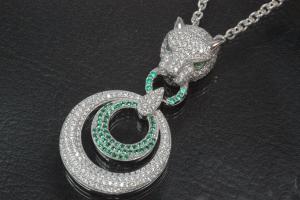 aLEm Pendant Tiger with Firering 925/- Silver rhodum plated with Zirconia white and green,