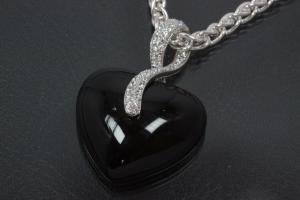 aLEm Pendant Onyx Heart with Zirconia 925/- Silver rhodium plated,  polished,