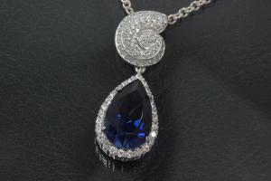 aLEm Pendant sapphire colour faceted Teardrop and Top as a Ammonite 925/- Silver rhodium plated and white Zirconia
