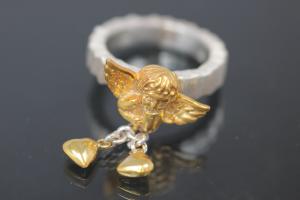 aLEm Ring Golden Angel of Lovers with hearts by alain LE mondial, 925/- Silver partially gold plated and partially polished,