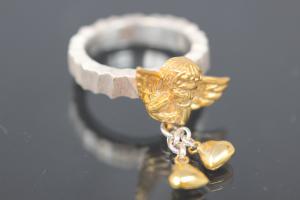 aLEm Ring Golden Angel of Lovers with hearts by alain LE mondial, 925/- Silver partially gold plated and partially polished,