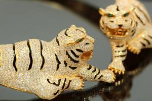 aLEm necklace Tiger 925/- Silver gold plated, approx.size single Tiger length 100mm, high 30mm, wide 40mm, inside neck approx. size 50cm length