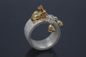 aLEm Ring Goldfröschchen der Liebenden mit Herzen by alain LE mondial 925/- Silber mit Teilvergoldung