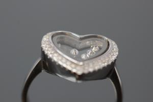 aLEm Ring heart with moving Zirconia between two glasses  in the center 925/- Silver rhodium plated