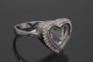 aLEm Ring Herz mit Zirkoniakranz und in Mitten 2 Glasscheiben und bewegliche Zirkonia darin, 925/- Silber rhodiniert , poliert