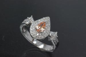 aLEm Ring Tropfen der Sonne - Teardrop of the Sun mit champagnerfarbenen und weißen Zirkonia 925/- Silber rhodiniert