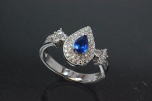 aLEm Ring Tropfen der Mitternacht - Teardrop of Midnight mit safirfarbenen und weißen Zirkonia 925/- Silber rhodiniert