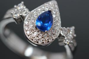 aLEm Ring  Teardrop of Midnight  with sapphire color and white Zirconia 925/- Silver  rhodium plated