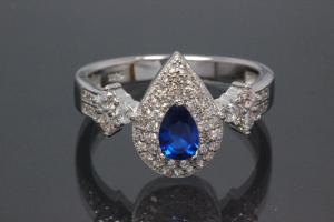 aLEm Ring  Teardrop of Midnight  with sapphire color and white Zirconia 925/- Silver  rhodium plated