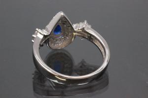 aLEm Ring  Teardrop of Midnight  with sapphire color and white Zirconia 925/- Silver  rhodium plated