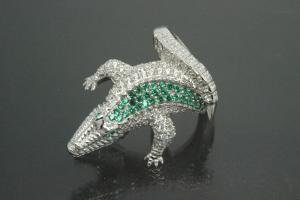 aLEm Ring Angreifendes Krokodil - Attacking Crocodile mit weißen und grünen Zirkonia gefasst, 925/- Silber rhodiniert und poliert