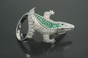 aLEm Ring Attacking Crocodile 925/- Silver rhodium plated with white and emerald green Cubic Zirconia