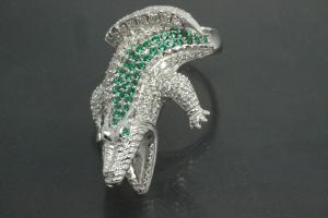 aLEm Ring Attacking Crocodile 925/- Silver rhodium plated with white and emerald green Cubic Zirconia