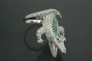 aLEm Ring Attacking Crocodile 925/- Silver rhodium plated with white and emerald green Cubic Zirconia