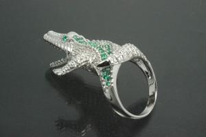 aLEm Ring Attacking Crocodile 925/- Silver rhodium plated with white and emerald green Cubic Zirconia
