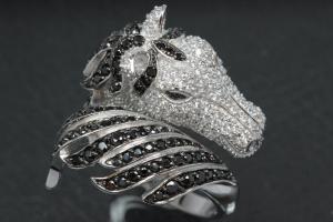 aLEm Ring Pferdekopf - Wild Mustang 925/- Silber rhodiniert mit weißen/schwarzen Zirkonia