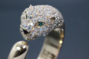 aLEm Ring Black Cougar 925/- Silver gold plated, with white/green Cubic Zirconia