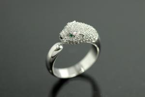 aLEm Ring Black Cougar 925/- Silver rhodium plated, with white/green Cubic Zirconia