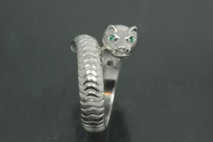 aLEm Ring Sneaking Tiger 925/- Silver rhodium plated, with white/emerald green Cubic Zirconia