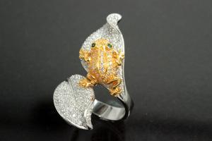 aLEm Ring Golden Poison Frog 925/- Silver rhodium plated / partially gold plated, with white/green Cubic Zirconia