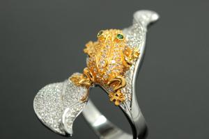 aLEm Ring Goldenes Giftfröschchen 925/- Silber teilrhodiniert / teilvergoldet mit Zirkonia weiß/grün