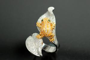 aLEm Ring Golden Poison Frog 925/- Silver rhodium plated / partially gold plated, with white/green Cubic Zirconia