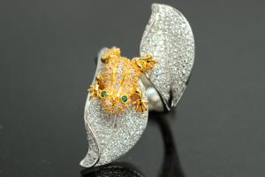 aLEm Ring Golden Poison Frog 925/- Silver rhodium plated / partially gold plated, with white/green Cubic Zirconia