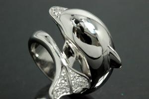 aLEm Ring Dolphin 925/- Silver rhodium plated, with white Cubic Zirconia