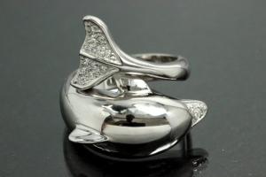 aLEm Ring Delphin 925/- Silber rhodiniert mit weißen Zirkonia