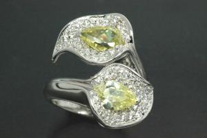 aLEm Ring Glittering Leafs 925/- Silver rhodium plated, with white/peridot green Cubic Zirconia