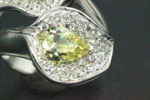 aLEm Ring Glittering Leafs 925/- Silver rhodium plated, with white/peridot green Cubic Zirconia