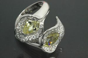 aLEm Ring Glittering Leafs 925/- Silver rhodium plated, with white/peridot green Cubic Zirconia