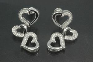 aLEm Ear post Moving Heart 925/- Silver rhodium plated with Cubic Zirconia, approx size high 28,0mm, wide 14,5mm, thickness 3,0mm,  length post 10,0mm, outside Ø0,8mm,