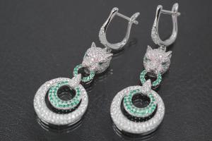 aLEm earring Tiger head with Double Ring 925/- Silber rhodium plated, approx.size high 48,0mm incl.leverback and Cubic Cirkonia, wide 18,0mm, thickness 5,0mm