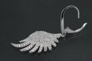 aLEm Earring Angel Wing 925/- Silver rhodium plated with Zirconia, approx size. length 42,0mm incl. leverback, wide 11,5mm, thickness 3,00mm,